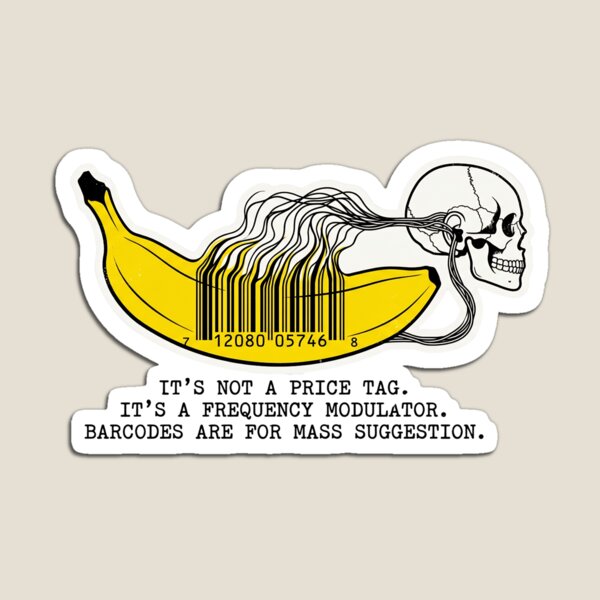 Artikelvorschau, Bananen-Barcode-Totenkopf-Design zur Gedankenkontrolle | Aufkleber mit düster-surrealer Verschwörungskunst entworfen und verkauft von Rebel Fusion.