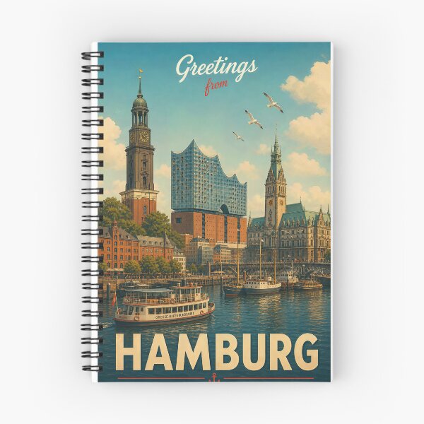 Item preview, Harbor Lights of Hamburg – Retro Waterfront Greetings Poster designed and sold by Earth Celebration Designs.