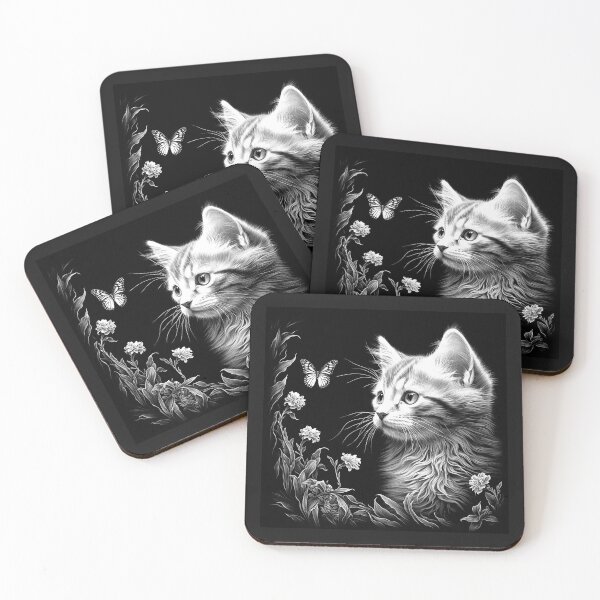 Item preview, Cute Kitten and Butterfly – Black and White Floral Cat Art designed and sold by inkoutninja.