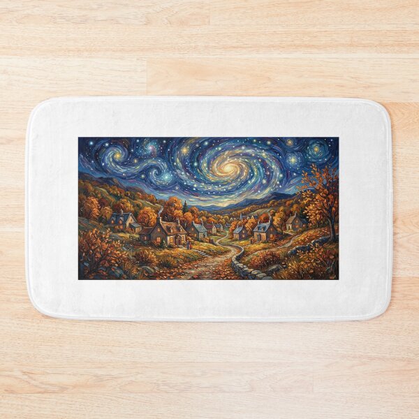 Item preview, Magical Autumn Village Starry Night Art Print designed and sold by AbrattaArt.