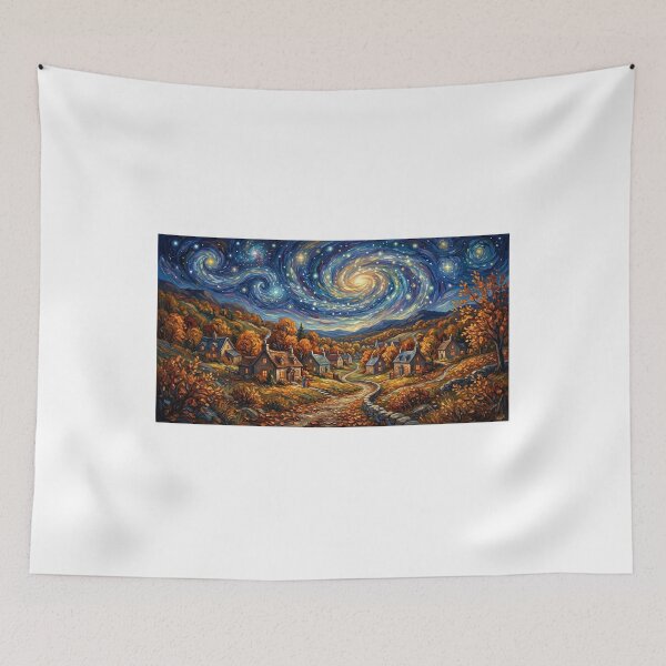 Item preview, Magical Autumn Village Starry Night Art Print designed and sold by AbrattaArt.