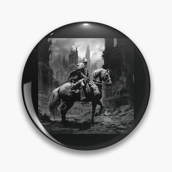 Item preview, Medieval Knight Rider in Ruined City – Black and White Fantasy Art designed and sold by inkoutninja.