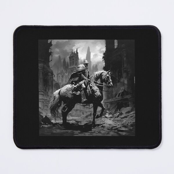 Item preview, Medieval Knight Rider in Ruined City – Black and White Fantasy Art designed and sold by inkoutninja.