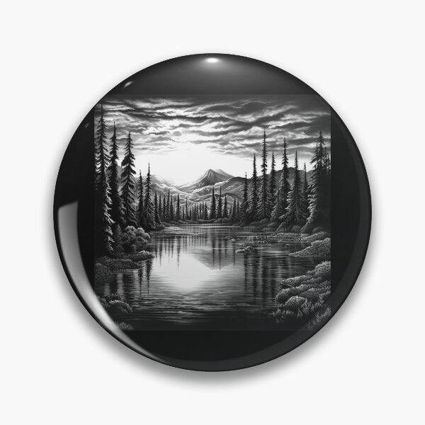 Item preview, Black and White Forest Lake Landscape – Mountain Nature Art designed and sold by inkoutninja.