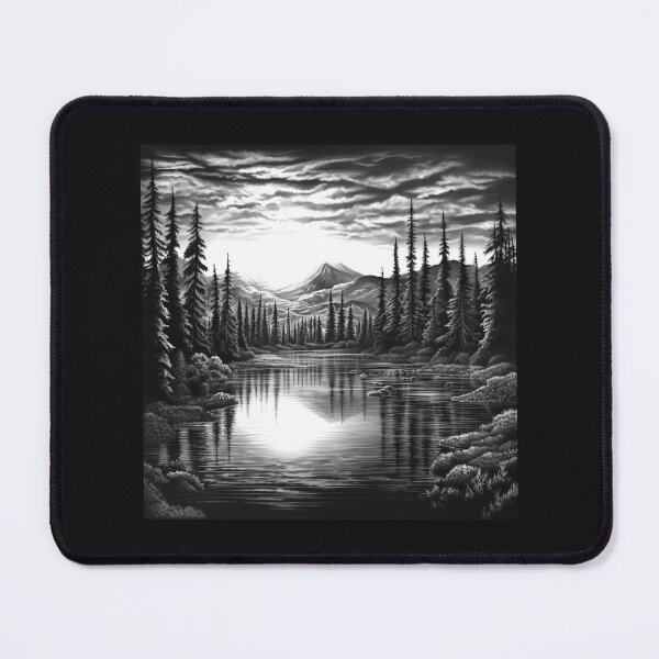 Item preview, Black and White Forest Lake Landscape – Mountain Nature Art designed and sold by inkoutninja.