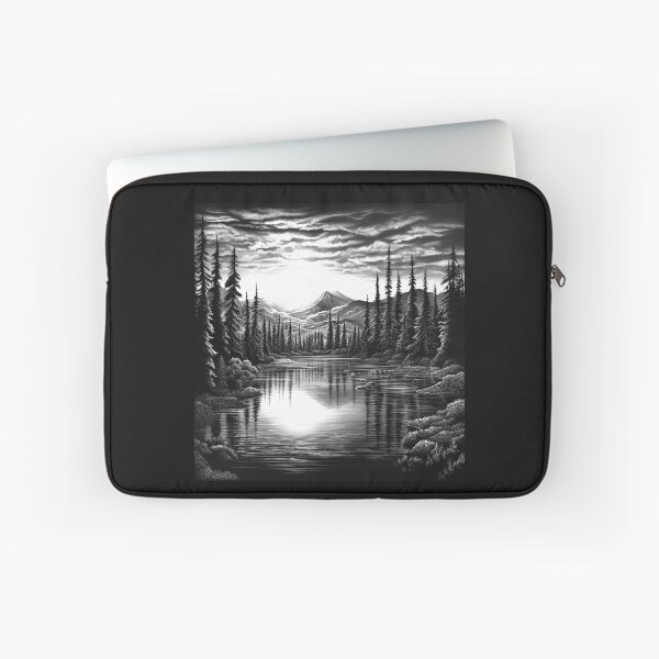 Item preview, Black and White Forest Lake Landscape – Mountain Nature Art designed and sold by inkoutninja.