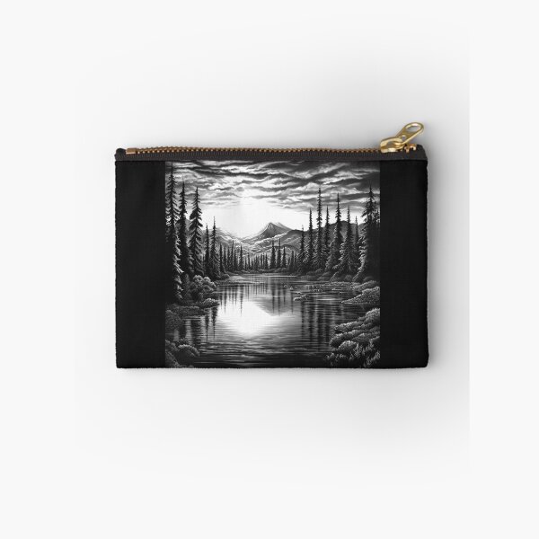 Item preview, Black and White Forest Lake Landscape – Mountain Nature Art designed and sold by inkoutninja.