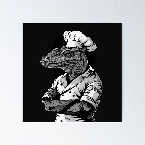 Item preview, Lizard Chef in Hat – Black and White Reptile Cooking Art designed and sold by inkoutninja.