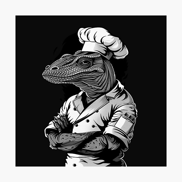 Item preview, Lizard Chef in Hat – Black and White Reptile Cooking Art designed and sold by inkoutninja.