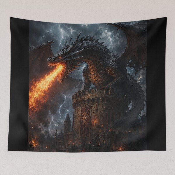 Item preview, Fire Dragon Castle Metal Poster | Epic Fantasy Wall Art | Dragon Decor Print designed and sold by irfanshikh.