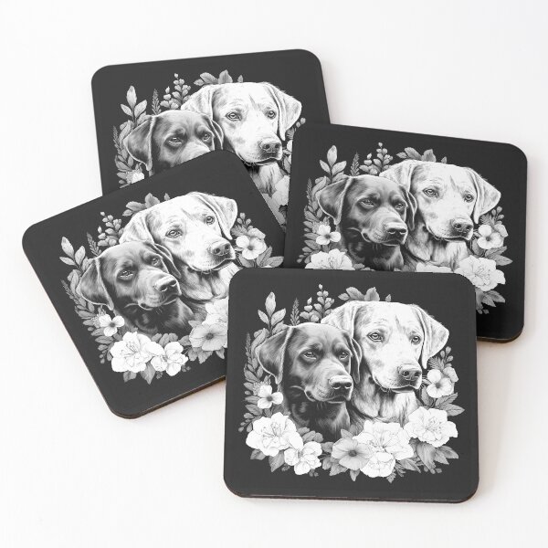 Item preview, Floral Labrador Duo Portrait – Black and White Dog Lover Art designed and sold by inkoutninja.