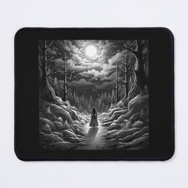 Item preview, Moonlit Winter Forest Path – Black and White Fantasy Landscape Art designed and sold by inkoutninja.