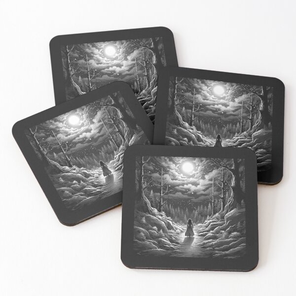 Item preview, Moonlit Winter Forest Path – Black and White Fantasy Landscape Art designed and sold by inkoutninja.