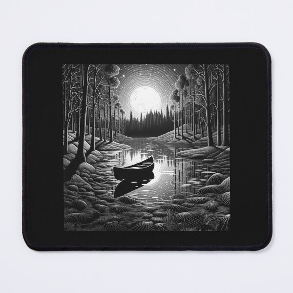 Item preview, Moonlit Canoe Lake – Black and White Forest Landscape Art designed and sold by inkoutninja.