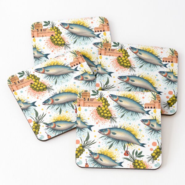 Item preview, Mediterranean Fish Pattern with Olives & Spanish Malaga Aesthetic | Coastal Seafood Watercolor Design designed and sold by FeelFreeStore.