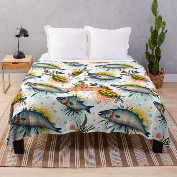 Item preview, Mediterranean Fish Pattern with Olives & Spanish Malaga Aesthetic | Coastal Seafood Watercolor Design designed and sold by FeelFreeStore.