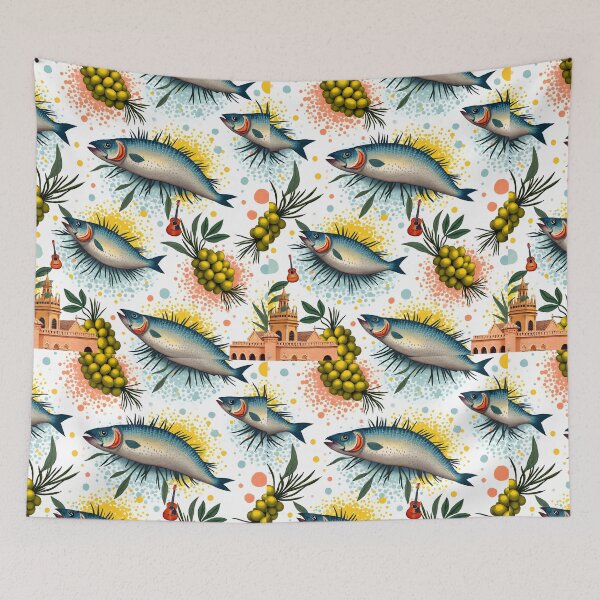 Item preview, Mediterranean Fish Pattern with Olives & Spanish Malaga Aesthetic | Coastal Seafood Watercolor Design designed and sold by FeelFreeStore.