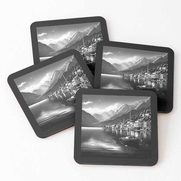 Item preview, Black and White Lakeside Village – Mountain Boat Landscape Art designed and sold by inkoutninja.