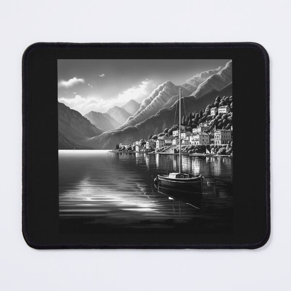 Item preview, Black and White Lakeside Village – Mountain Boat Landscape Art designed and sold by inkoutninja.
