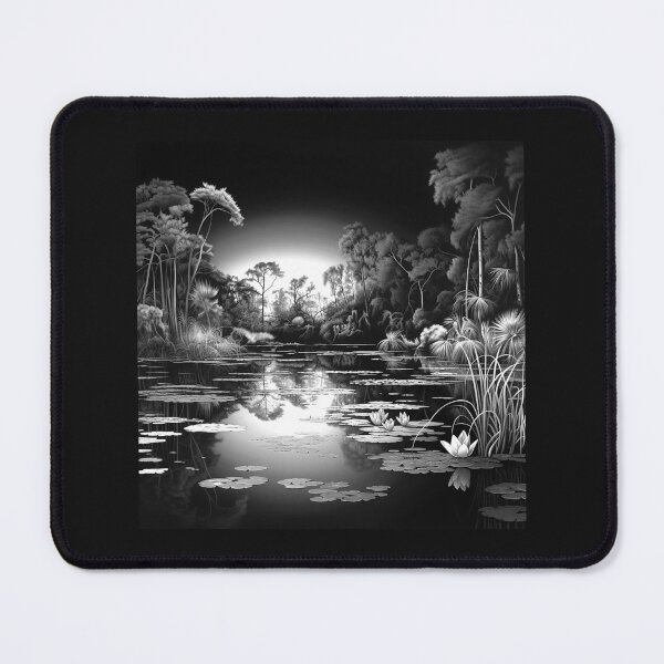 Item preview, Black and White Lily Pond Landscape – Peaceful Wetland Nature Art designed and sold by inkoutninja.