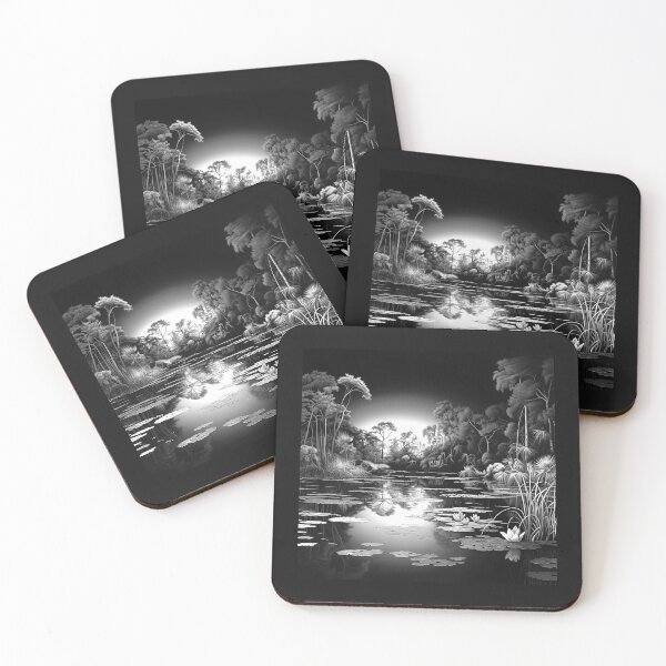 Item preview, Black and White Lily Pond Landscape – Peaceful Wetland Nature Art designed and sold by inkoutninja.