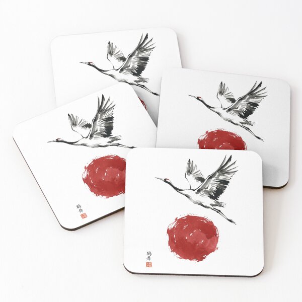 Item preview, Red Crowned Crane Flying Over Rising Sun - Japanese Sumi-e Ink Art designed and sold by seven things shop.