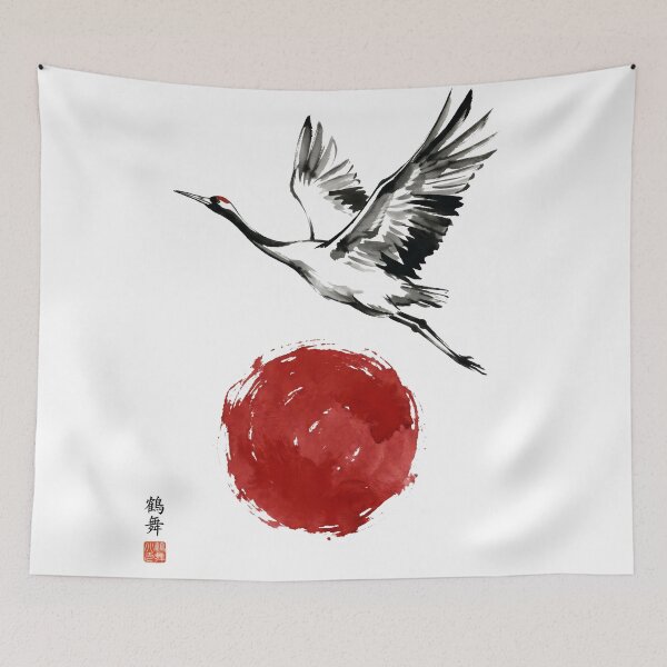 Item preview, Red Crowned Crane Flying Over Rising Sun - Japanese Sumi-e Ink Art designed and sold by seven things shop.