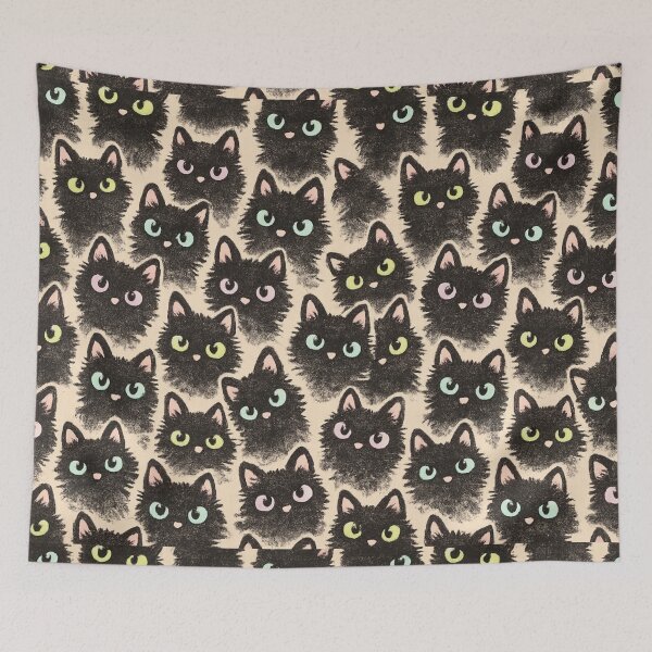 Item preview, Fluffy Black Cat Pattern - Cute Kittens with Colorful Eyes Illustration designed and sold by myforestfog.