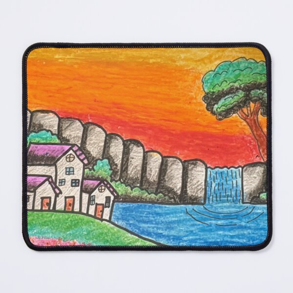 Item preview, Sunset Waterfall Meadow Cottage Landscape Art Print designed and sold by Pink-Blossoms.