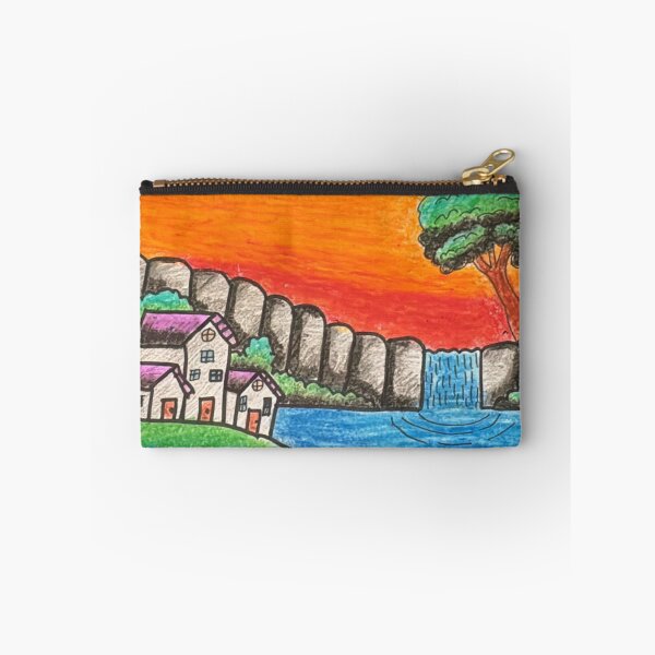 Item preview, Sunset Waterfall Meadow Cottage Landscape Art Print designed and sold by Pink-Blossoms.