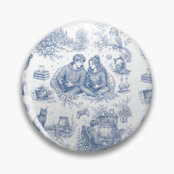 Item preview, Gamer Couple in Toile de Jouy Style - Antique Blue Engraving designed and sold by Love&Geek.