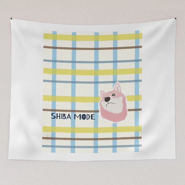 Item preview, Yellow plaid with pink Shiba Inu designed and sold by ShibaCruise-On.