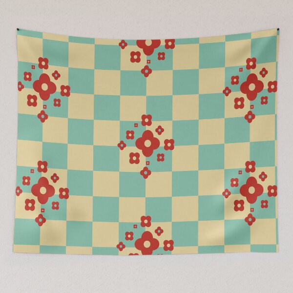 Item preview, Creme and light green Checkboard with red flowers designed and sold by StefanStudioArt.