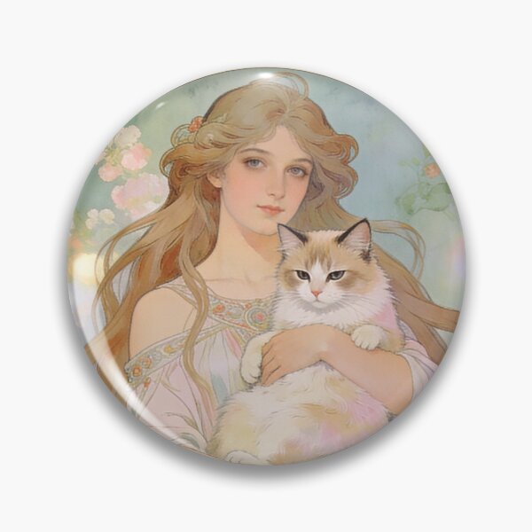 Item preview, An ethereal maiden cradles her beloved cat, surrounded by delicate blossoms and soft celestial light designed and sold by BlareBlare.