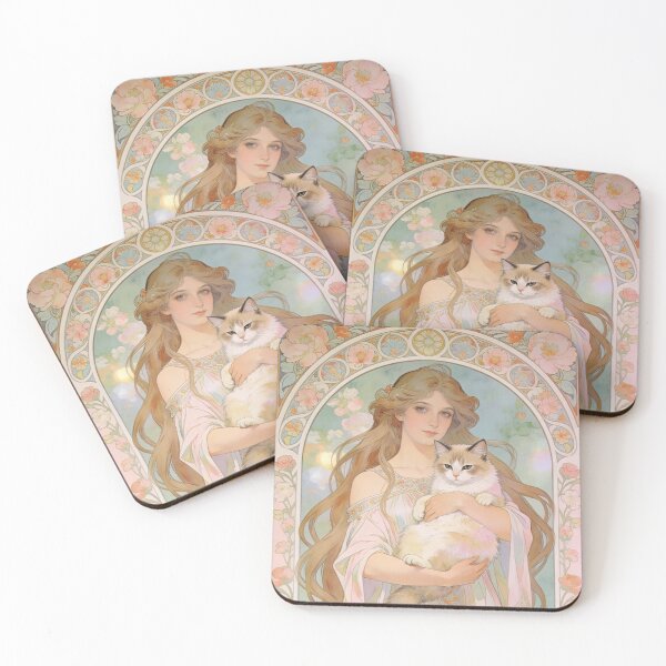 Item preview, An ethereal maiden cradles her beloved cat, surrounded by delicate blossoms and soft celestial light designed and sold by BlareBlare.