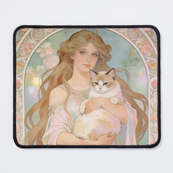 Item preview, An ethereal maiden cradles her beloved cat, surrounded by delicate blossoms and soft celestial light designed and sold by BlareBlare.