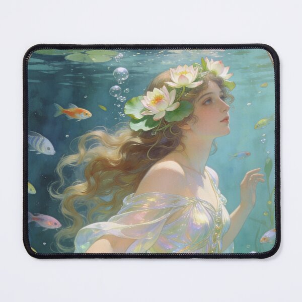Item preview, A luminous underwater maiden drifts among shimmering fish and floating lilies, magic of hidden aquatic worlds. designed and sold by BlareBlare.