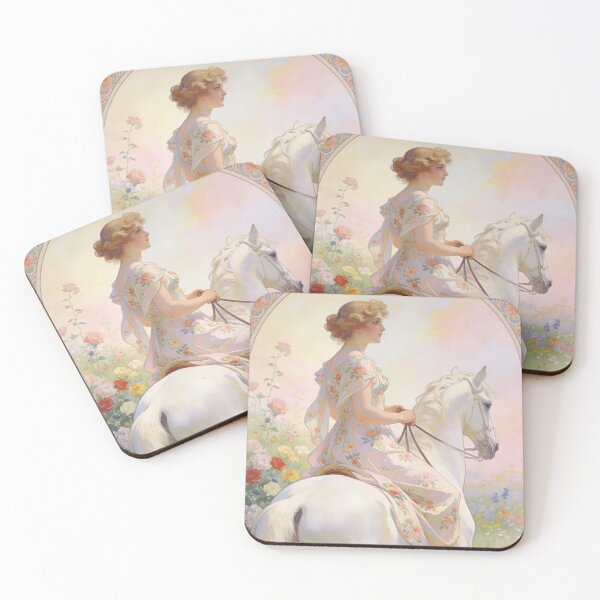 Item preview, Meadow Rider at Dawn, lady rides a white horse through a sunlit flower meadow, a golden morning journey. designed and sold by BlareBlare.