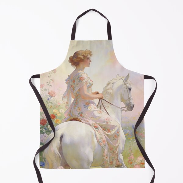 Item preview, Meadow Rider at Dawn, lady rides a white horse through a sunlit flower meadow, a golden morning journey. designed and sold by BlareBlare.
