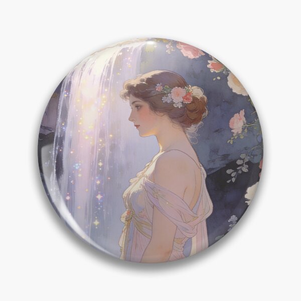 Item preview, Sanctuary by the Silver Falls, contemplative maiden, cascading waterfalls and blooming irises, bathed in soft light. designed and sold by BlareBlare.