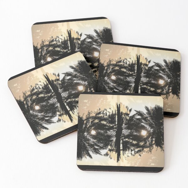 Item preview, A multiple exposure of palm trees captured from a low angle, where the layered silhouettes create a mirrored, symmetrical pattern against a warm, hazy sky. designed and sold by AbulailArt.