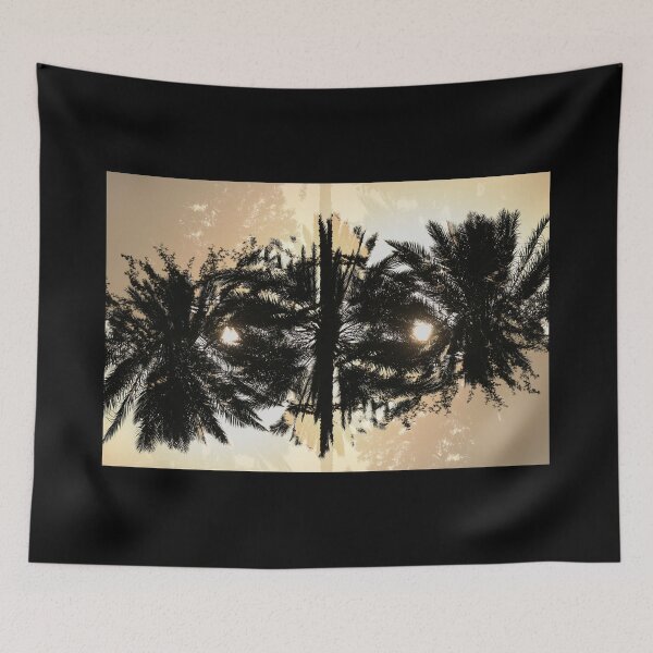 Item preview, A multiple exposure of palm trees captured from a low angle, where the layered silhouettes create a mirrored, symmetrical pattern against a warm, hazy sky. designed and sold by AbulailArt.