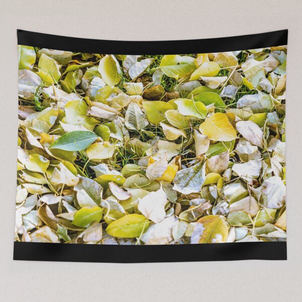Item preview, Close-up view of fallen autumn leaves in shades of yellow and green covering a grassy ground designed and sold by AbulailArt.