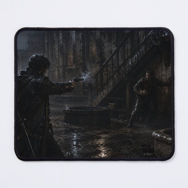 Item preview, Dark Fantasy Hunter Courtyard Print | Gothic Horror Pistol Duel in a Rain-Soaked Chapel Yard designed and sold by Element Horizon Studio.