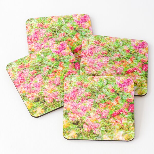 Item preview, A soft, layered exposure of pink and orange bougainvillea flowers intermingled with green leaves, creating a painterly floral tapestry. designed and sold by AbulailArt.