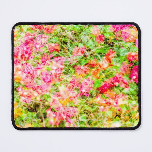 Item preview, A soft, layered exposure of pink and orange bougainvillea flowers intermingled with green leaves, creating a painterly floral tapestry. designed and sold by AbulailArt.