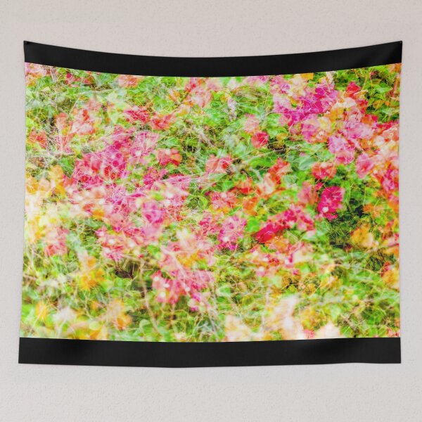 Item preview, A soft, layered exposure of pink and orange bougainvillea flowers intermingled with green leaves, creating a painterly floral tapestry. designed and sold by AbulailArt.