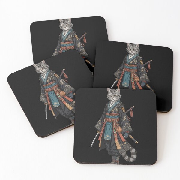 Item preview, Grey Samurai Cat Warrior Kimono Katana Japanese Art designed and sold by CrystalMineArts.