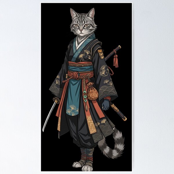 Item preview, Grey Samurai Cat Warrior Kimono Katana Japanese Art designed and sold by CrystalMineArts.