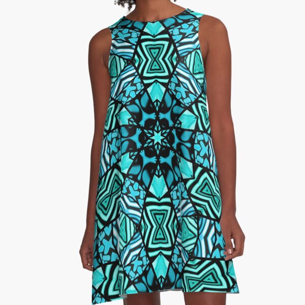 Beautiful Teal Aqua Turquoise Blue Orient Ethnic Art Mosaic A-Line Dress